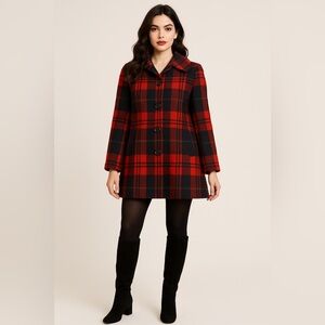 Pendleton‎ Vintage Red 100% Virgin Wool Plaid Pea Coat Sz. M